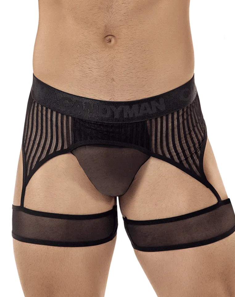 Candyman 99403 Stripes Gaterbelt Thongs Black